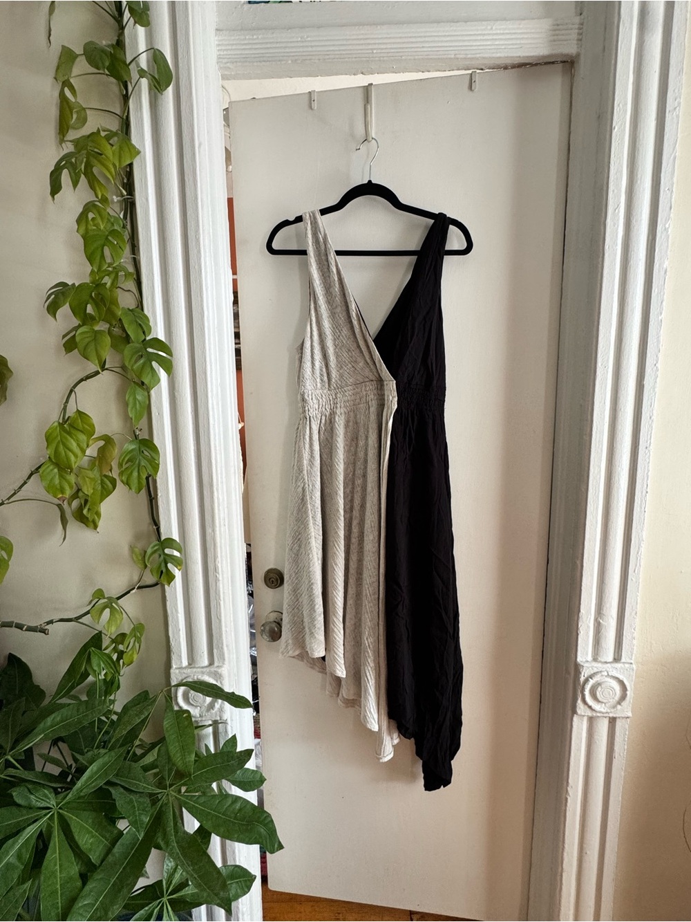 Maeve Asymmetrical Two-Tone V-Neck Dress — Black & Cream